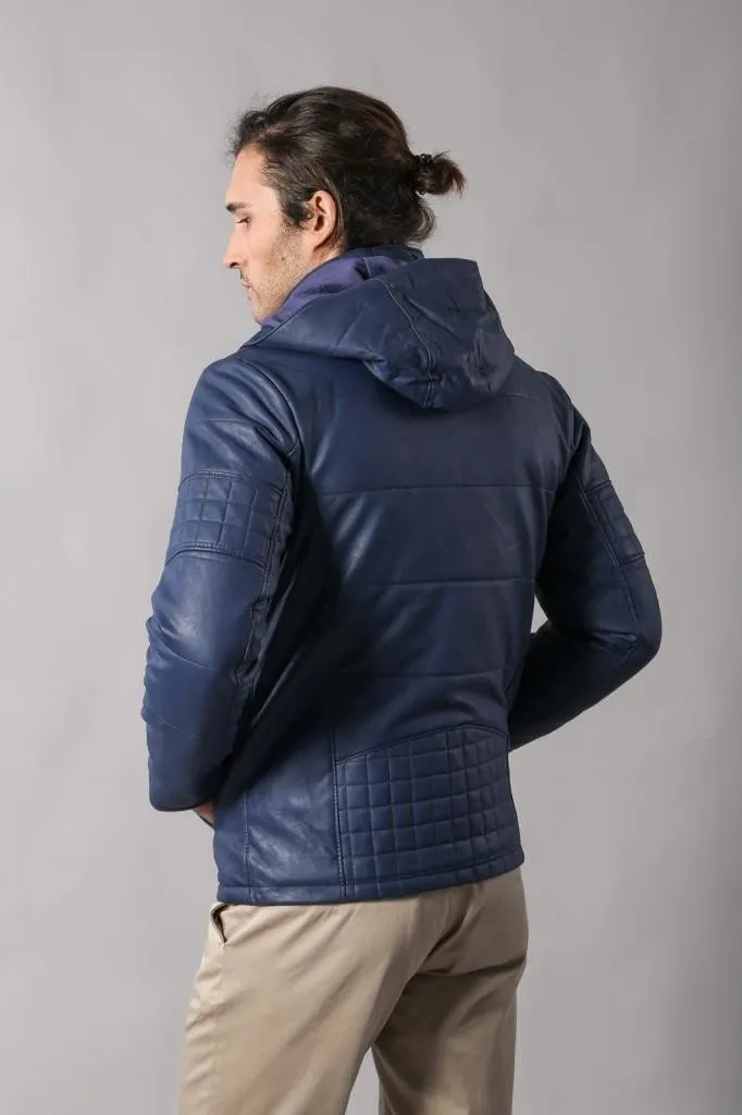 15664 Blue Hooded Leather Look Jacket