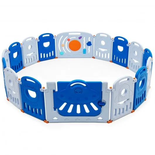 16-Panel Baby Playpen Safety Play Center with Lockable Gate-Blue