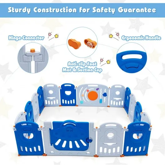 16-Panel Baby Playpen Safety Play Center with Lockable Gate-Blue