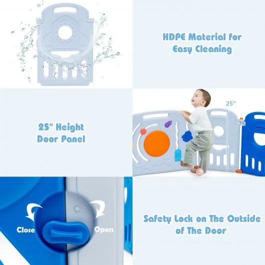 16-Panel Baby Playpen Safety Play Center with Lockable Gate-Blue
