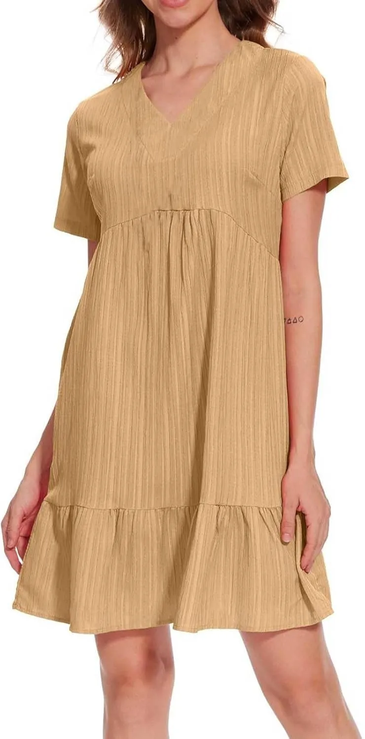 2025 Spring Dresses Women Casual Boho Petite Midi T Shirt Dresses Summer Short Sleeve V Neck Ruffle Hem Tiered Dress