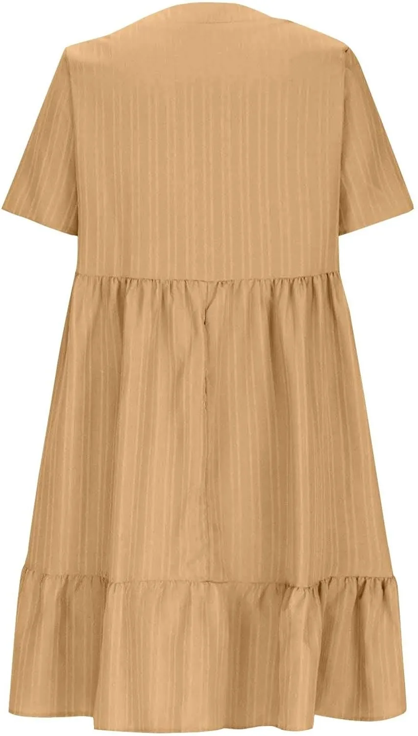 2025 Spring Dresses Women Casual Boho Petite Midi T Shirt Dresses Summer Short Sleeve V Neck Ruffle Hem Tiered Dress