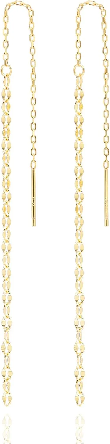 925 Sterling Silver Dangle Earrings for Women Plated 14K Gold Kiss Chain Tassel Earrings Long Drop Threader Fringe Earrings