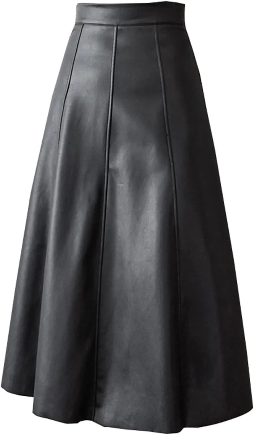 A-line High Waist Skirt Women's Office Midi Skirt Women's PU Umbrella Skirt (Color : Coffee, Size : XL)