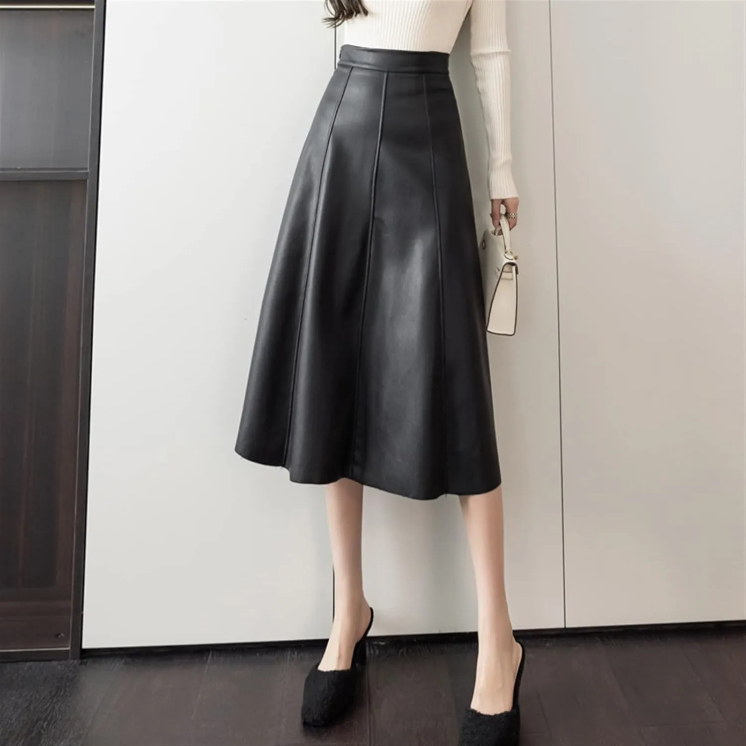 A-line High Waist Skirt Women's Office Midi Skirt Women's PU Umbrella Skirt (Color : Coffee, Size : XL)