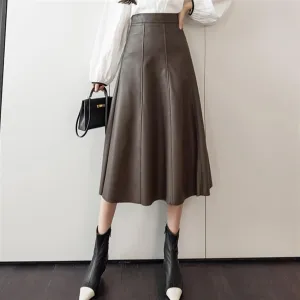A-line High Waist Skirt Women's Office Midi Skirt Women's PU Umbrella Skirt (Color : Coffee, Size : XL)