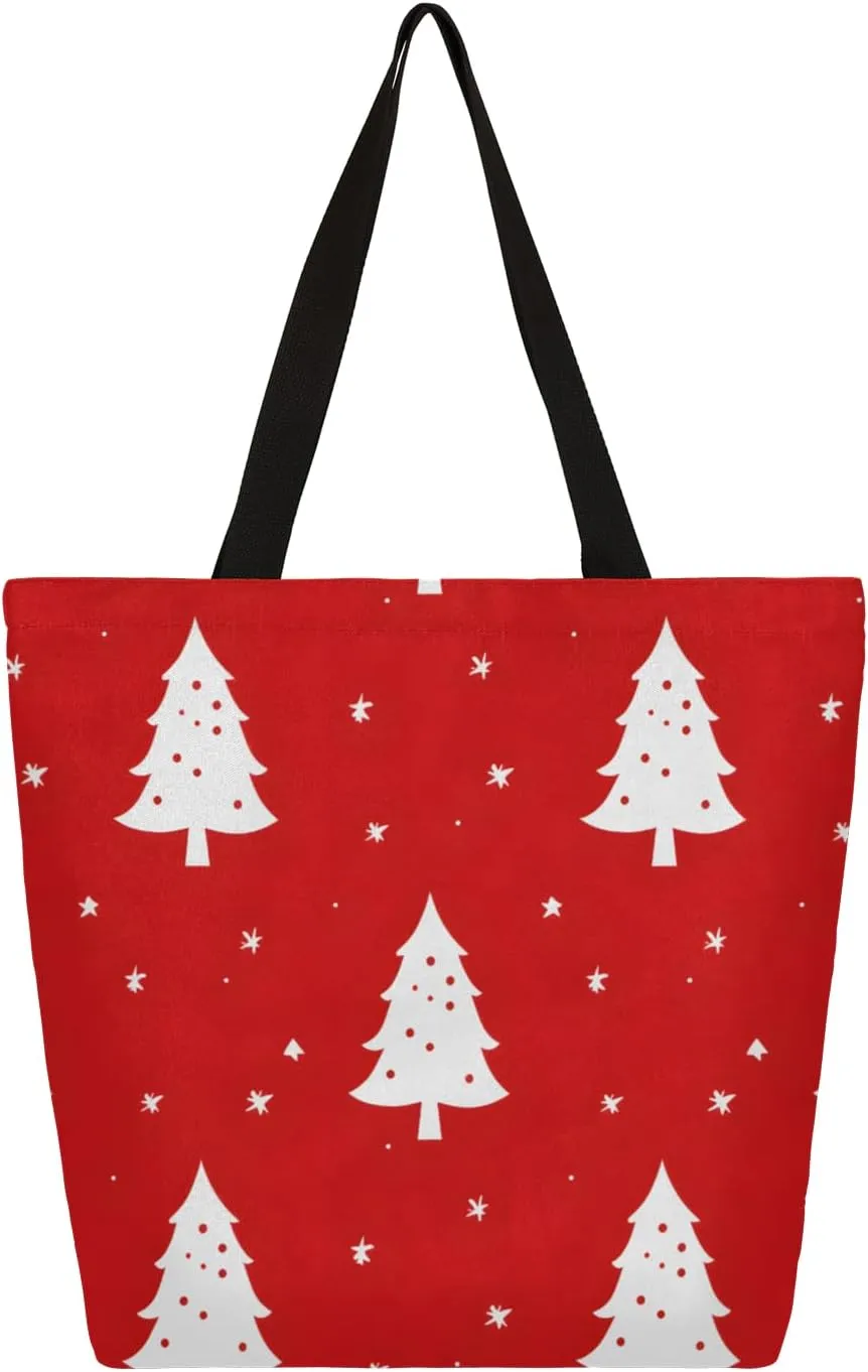 Abstract Hand Painted Christmas Tree Snowflake Large Capacity Canvas Tote Bag Stylish Handheld Shoulder Bag Reusable Shopping Bag for Work Travel Beach Trips Shopping