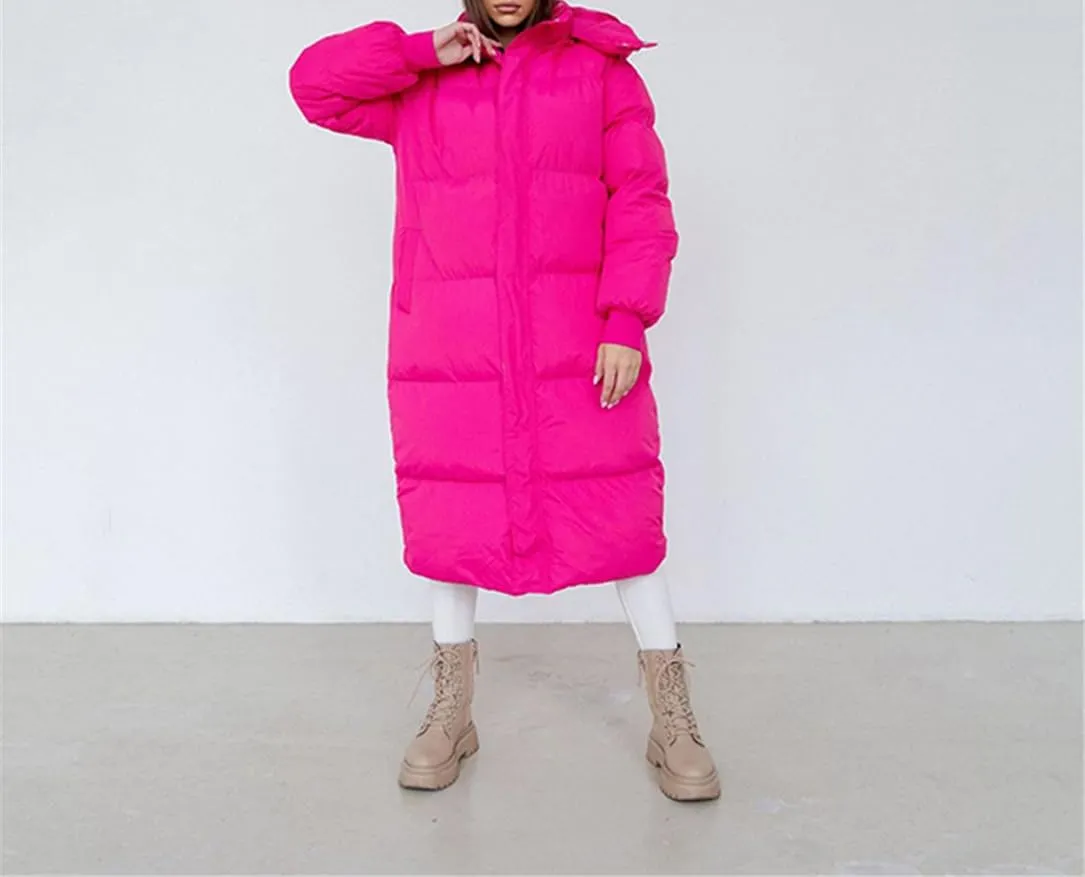 Adhdyuud Women Winter Cotton Padded Casual Coat Oversize Solid Over-The-Knee Outwear Jacket
