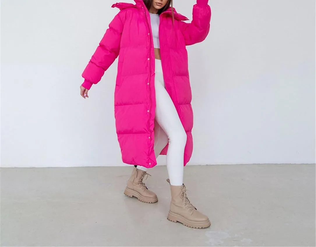 Adhdyuud Women Winter Cotton Padded Casual Coat Oversize Solid Over-The-Knee Outwear Jacket