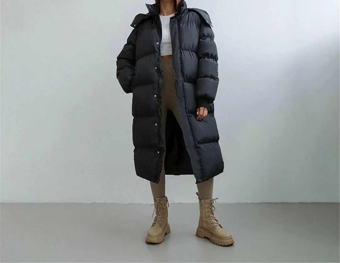 Adhdyuud Women Winter Cotton Padded Casual Coat Oversize Solid Over-The-Knee Outwear Jacket