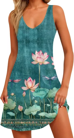 ADHOWBEW Womens Casual Dresses Loose Fit Sexy Hawaiian Casual Sleeveless Tank Dresses Beach Comfy Cute Dress