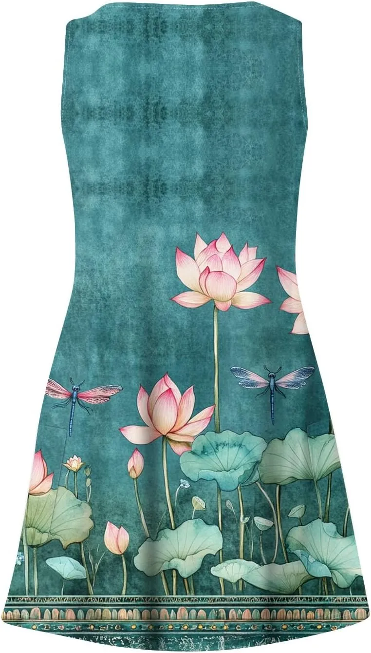 ADHOWBEW Womens Casual Dresses Loose Fit Sexy Hawaiian Casual Sleeveless Tank Dresses Beach Comfy Cute Dress