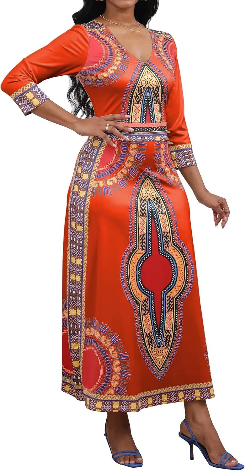 African Dresses for Women Elegant V Neck 3/4 Sleeve Casual Long Maxi African Attire Dress
