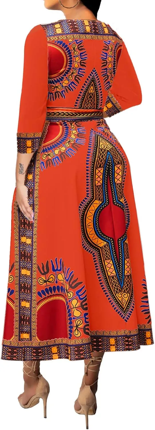 African Dresses for Women Elegant V Neck 3/4 Sleeve Casual Long Maxi African Attire Dress