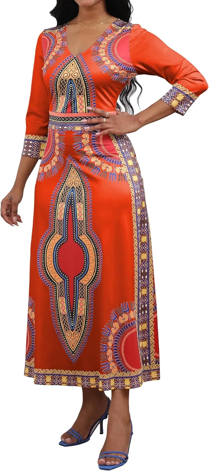 African Dresses for Women Elegant V Neck 3/4 Sleeve Casual Long Maxi African Attire Dress