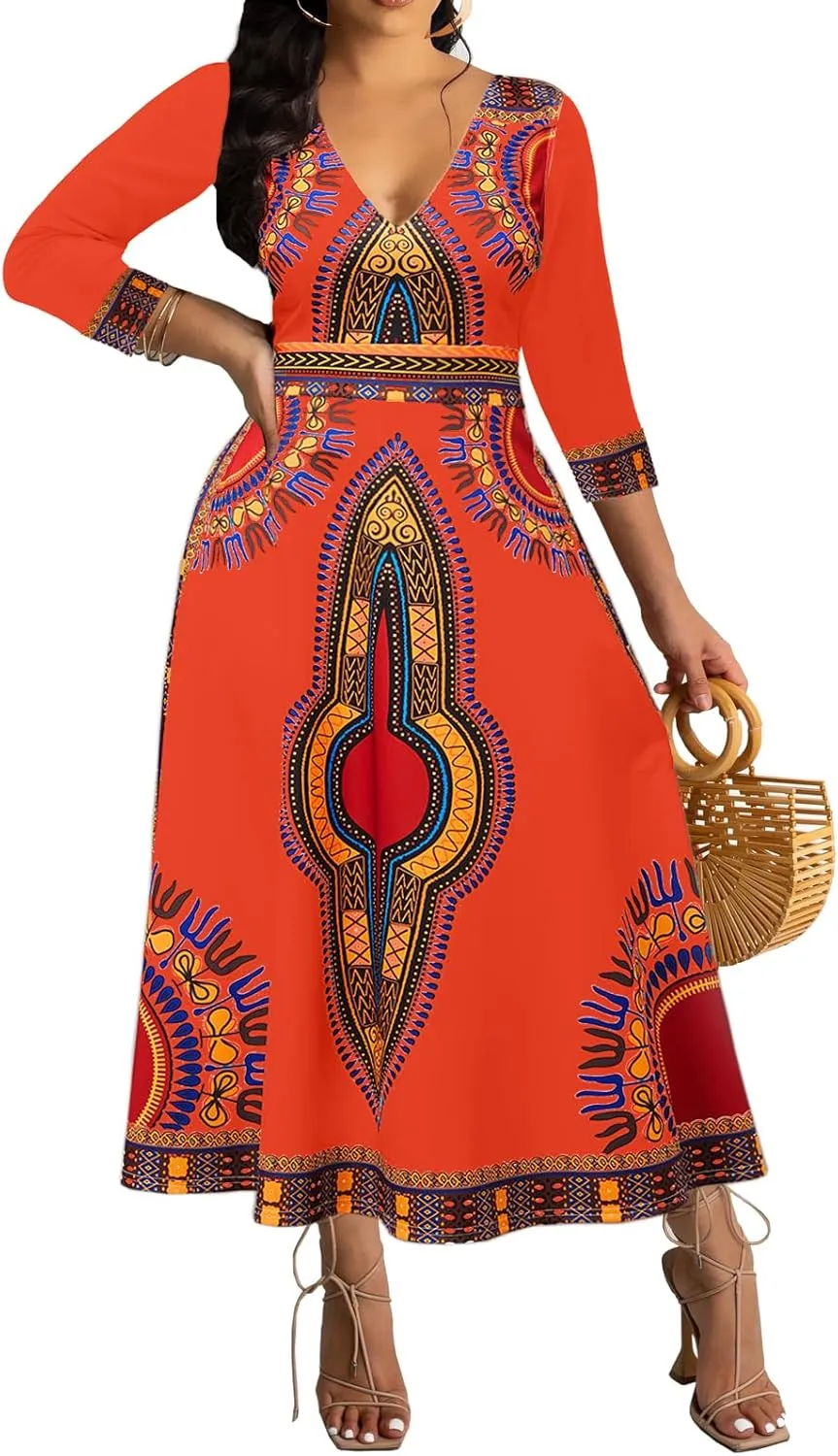 African Dresses for Women Elegant V Neck 3/4 Sleeve Casual Long Maxi African Attire Dress