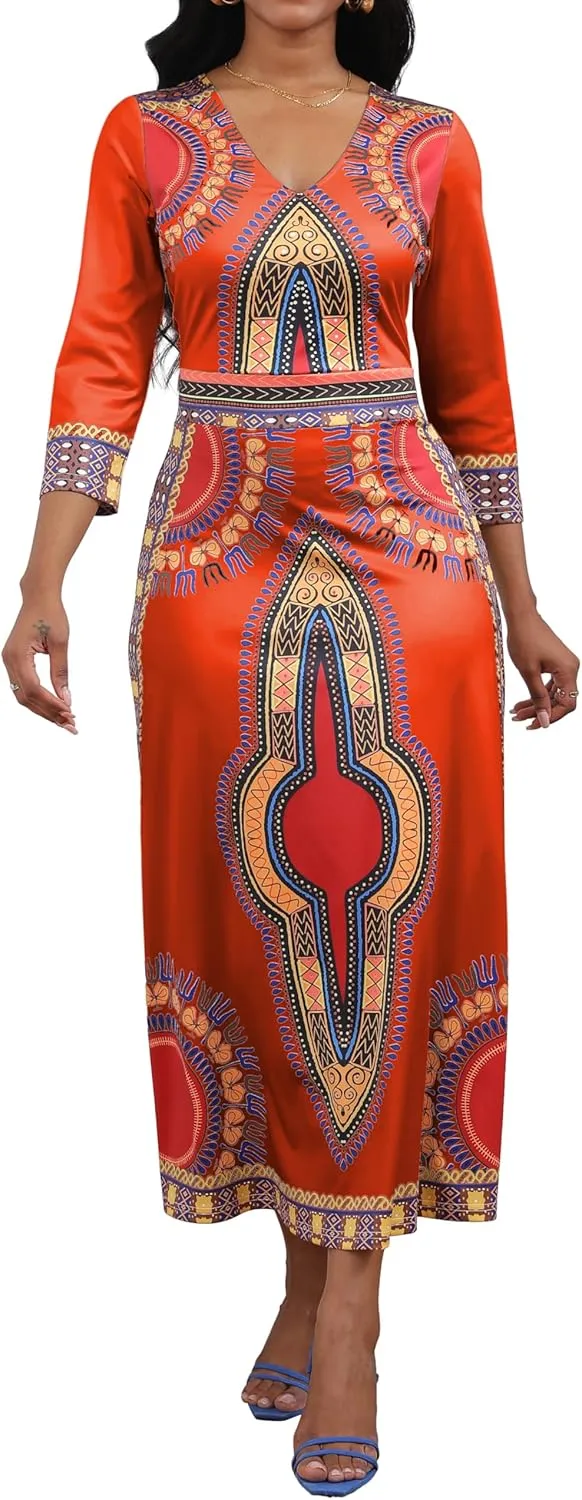 African Dresses for Women Elegant V Neck 3/4 Sleeve Casual Long Maxi African Attire Dress