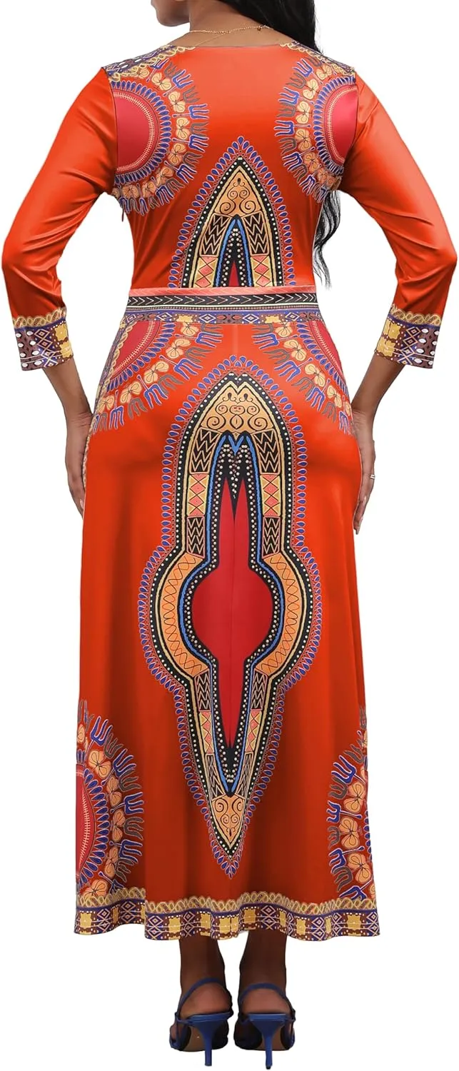 African Dresses for Women Elegant V Neck 3/4 Sleeve Casual Long Maxi African Attire Dress