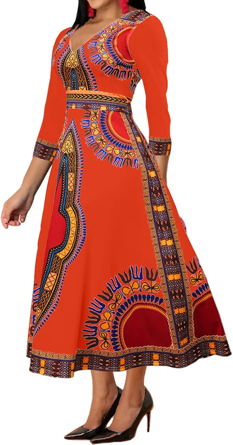 African Dresses for Women Elegant V Neck 3/4 Sleeve Casual Long Maxi African Attire Dress