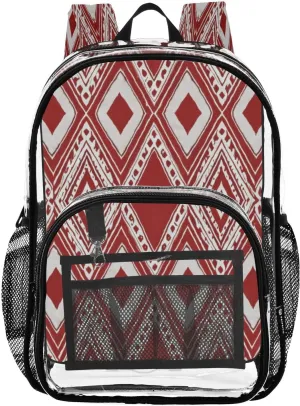 African Ethnic Rhombus Red Clear Backpack with Back Print, Heavy Duty See Through Backpacks PVC Transparent Daypack for Travel Security