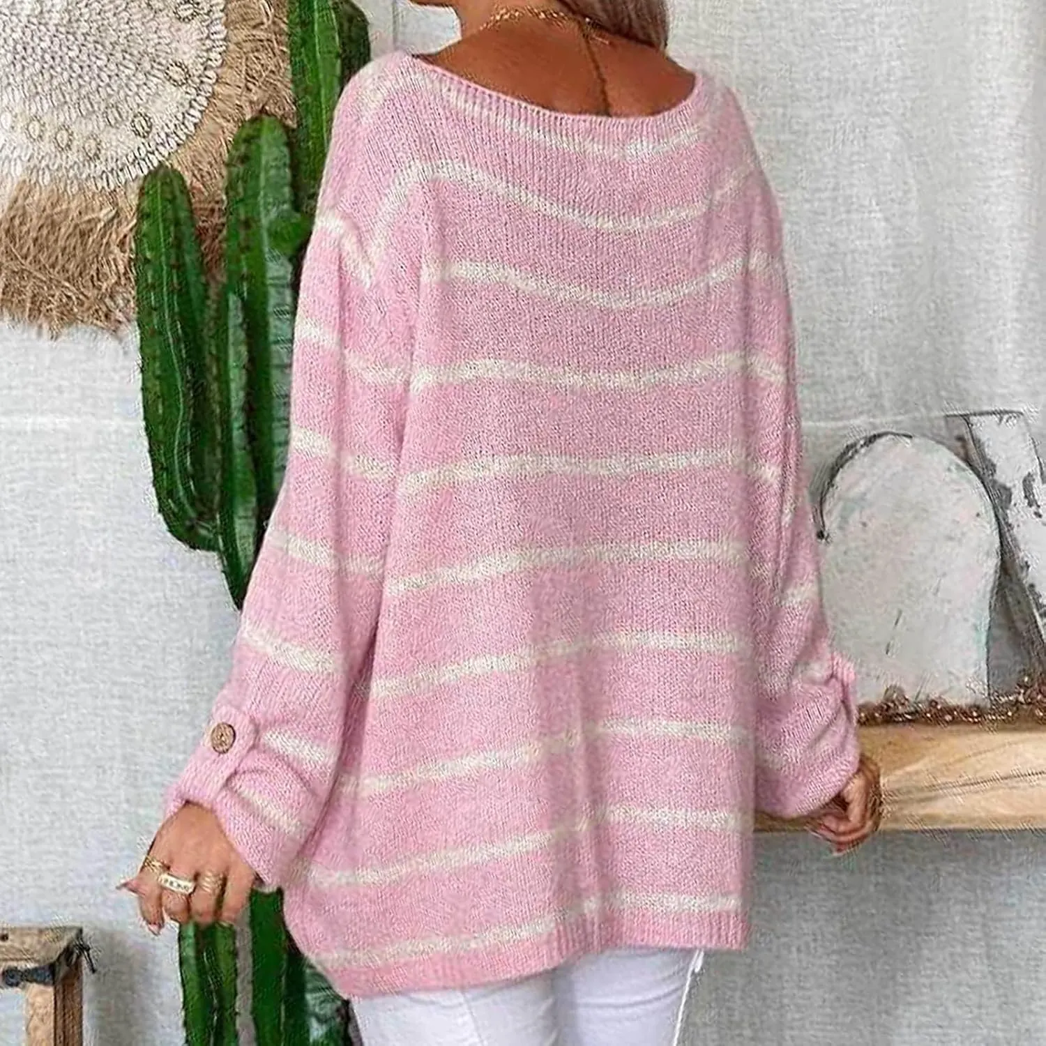 Akivide Womens Oversized Striped Sweaters Winter Fall Trendy Lightweight Long Sleeve Crewneck Loose Knit Pullover Outfit