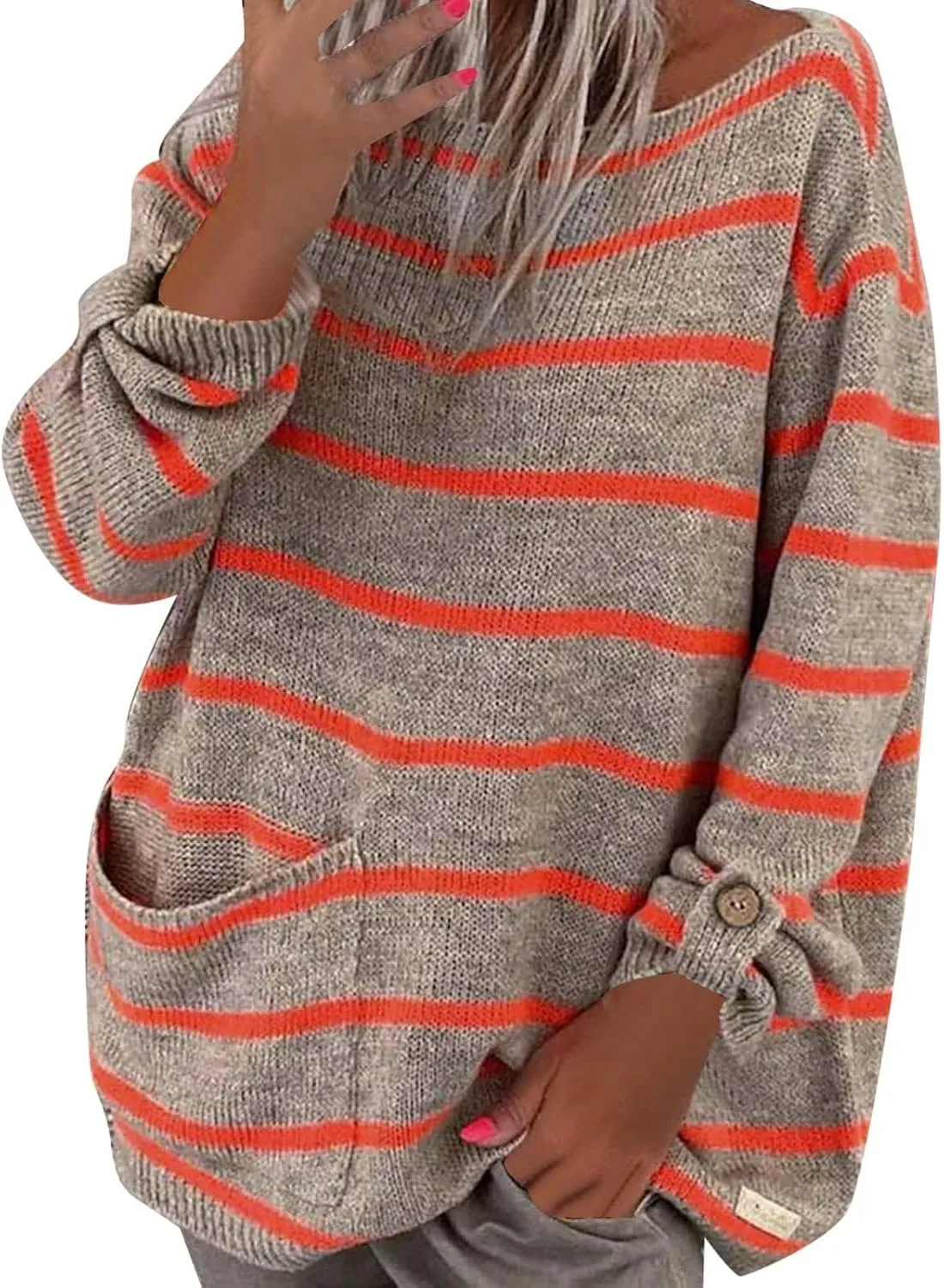 Akivide Womens Oversized Striped Sweaters Winter Fall Trendy Lightweight Long Sleeve Crewneck Loose Knit Pullover Outfit