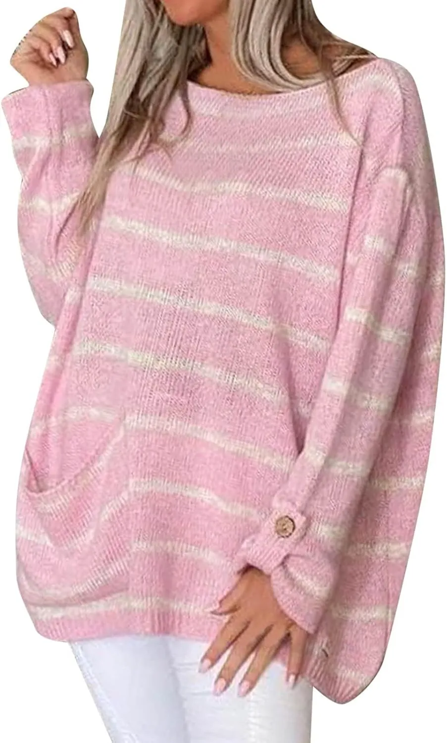 Akivide Womens Oversized Striped Sweaters Winter Fall Trendy Lightweight Long Sleeve Crewneck Loose Knit Pullover Outfit