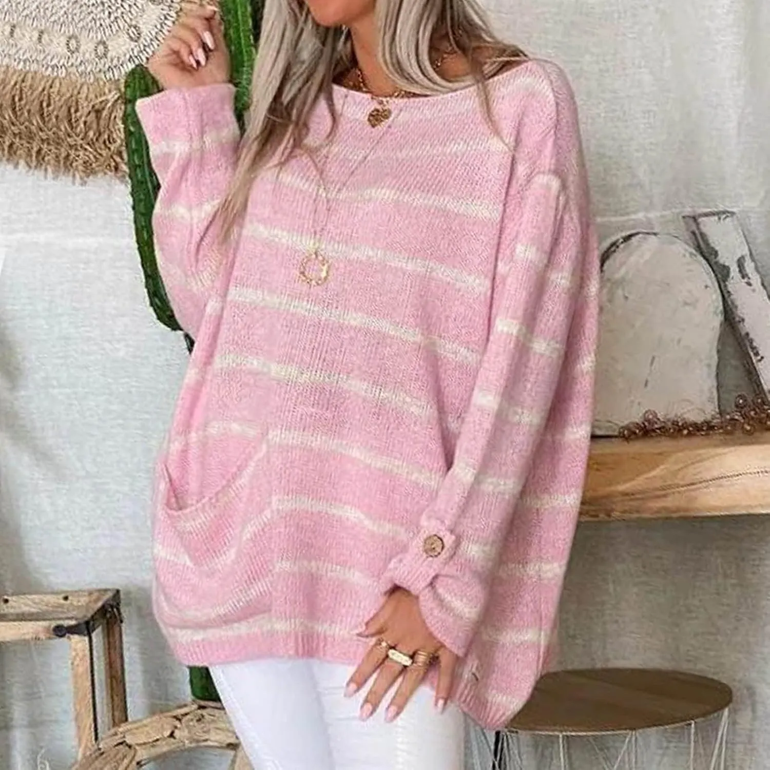 Akivide Womens Oversized Striped Sweaters Winter Fall Trendy Lightweight Long Sleeve Crewneck Loose Knit Pullover Outfit
