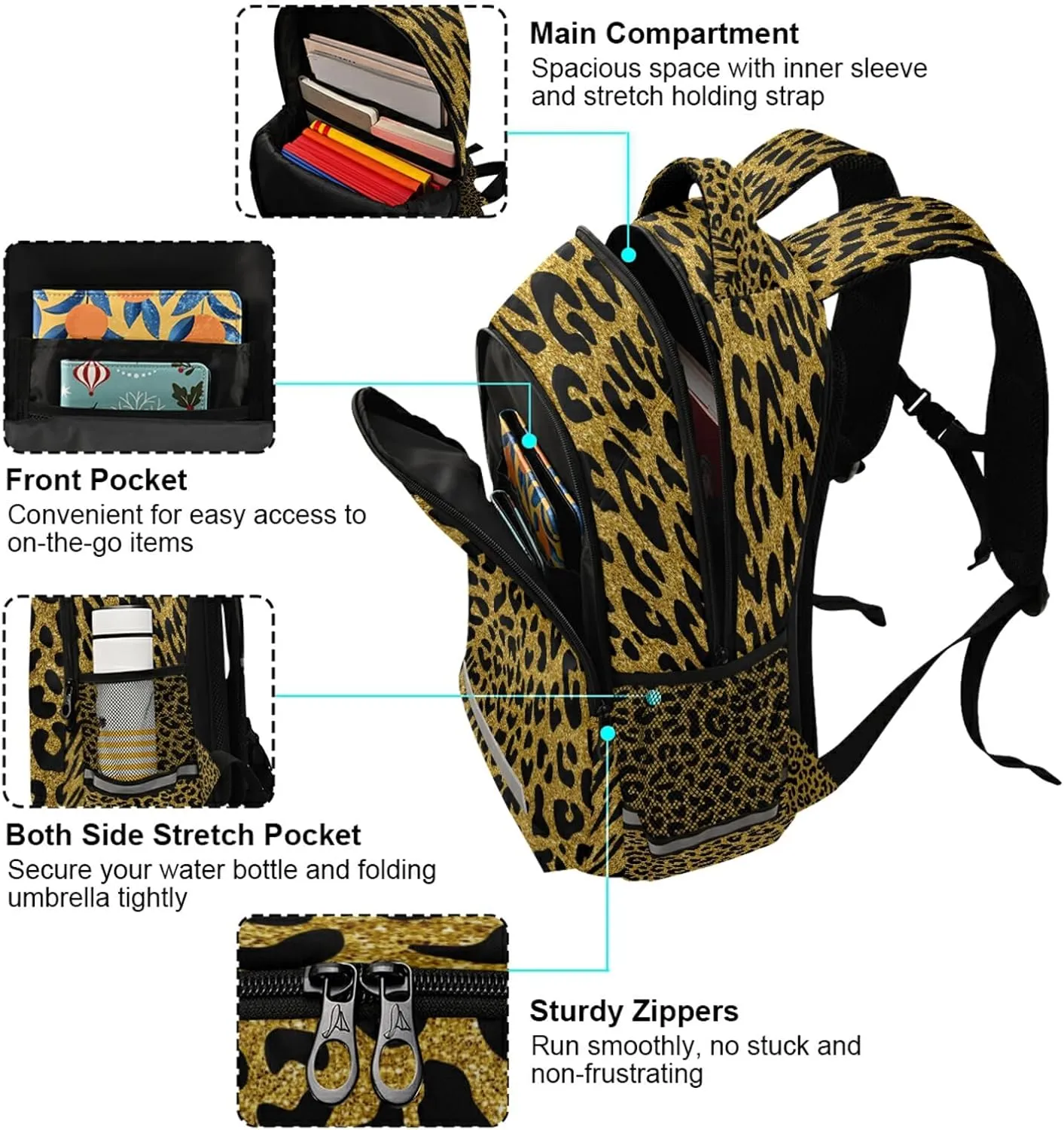 ALAZA Golden Leopard Print Cheetah Backpack For Students Boys Girls School Bag Animal Print Travel Daypack