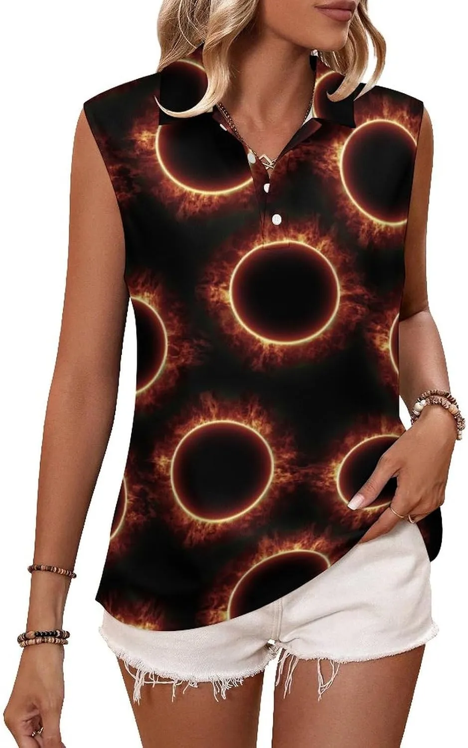 Amazing Solar Eclipse Pattern Women's Sleeveless Golf Polo Shirts Athletic Tank Tops
