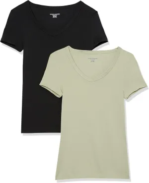 Amazon Essentials Women's Slim-Fit Short-Sleeve V-Neck T-Shirt, Pack of 2
