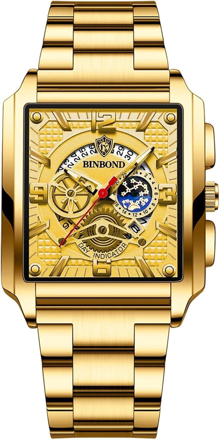 Analogue Qaurtz Square Wrist Watch: Men Gold Waterproof Luminous Hands Rectangle Date Wristwatch Stainless Steel Tank Chronograph Watches