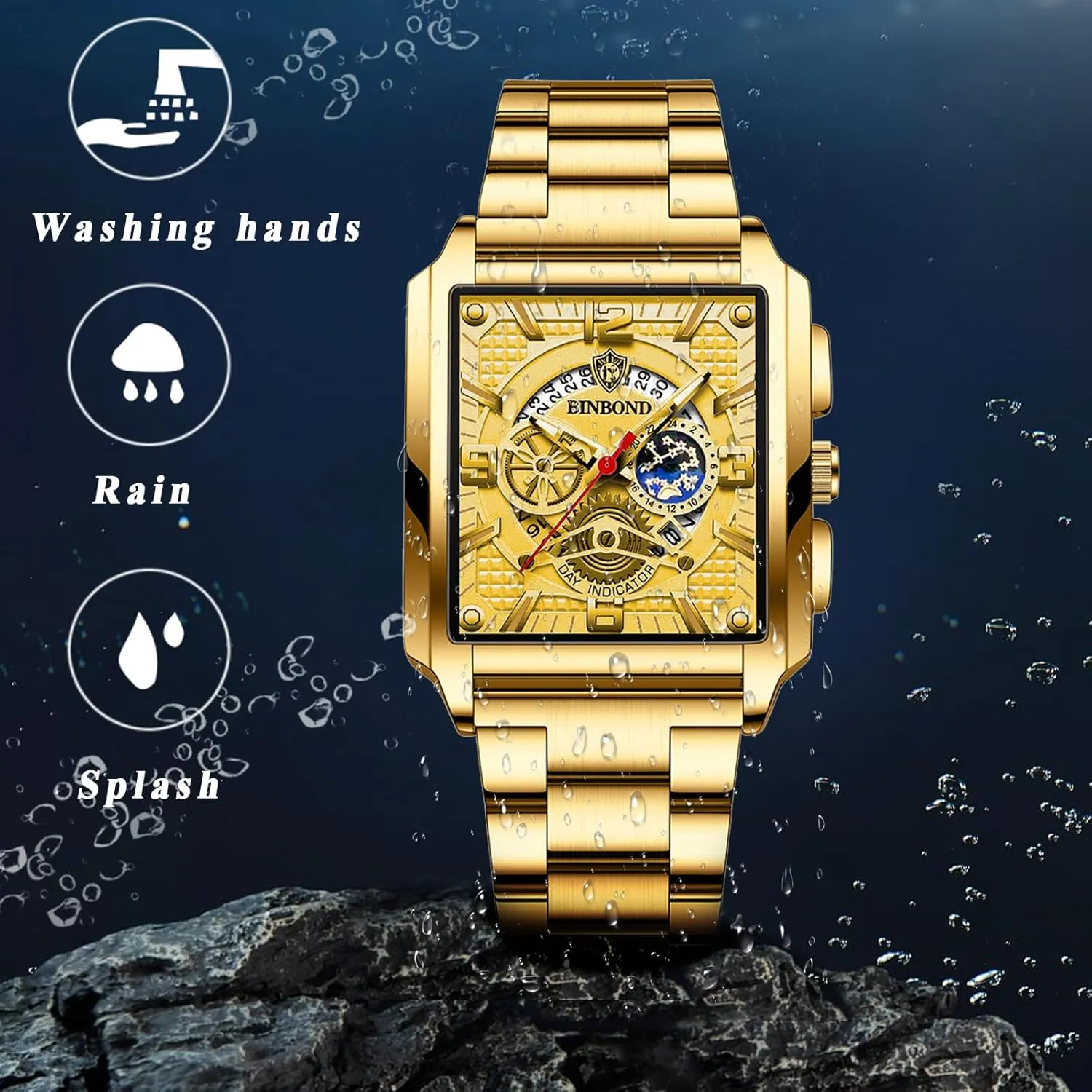 Analogue Qaurtz Square Wrist Watch: Men Gold Waterproof Luminous Hands Rectangle Date Wristwatch Stainless Steel Tank Chronograph Watches