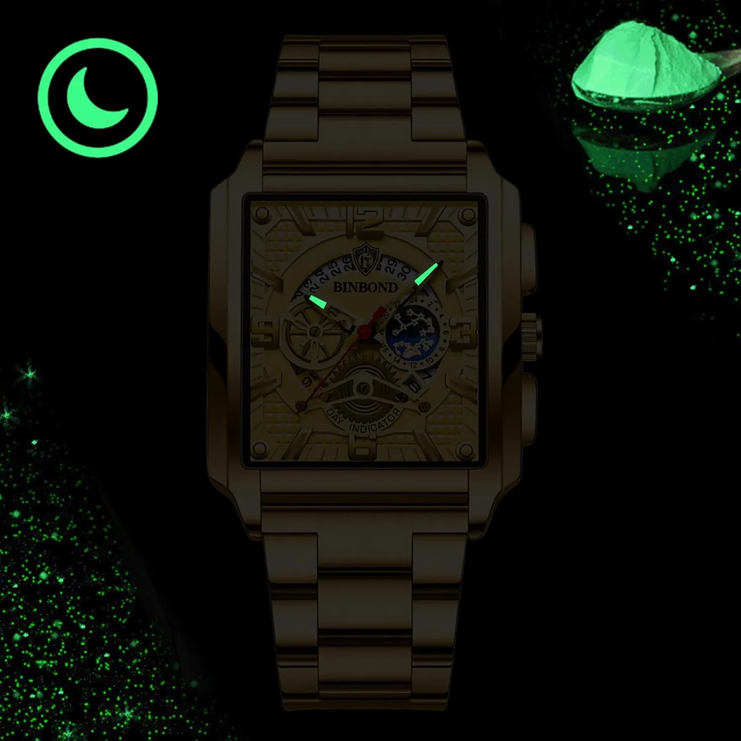 Analogue Qaurtz Square Wrist Watch: Men Gold Waterproof Luminous Hands Rectangle Date Wristwatch Stainless Steel Tank Chronograph Watches