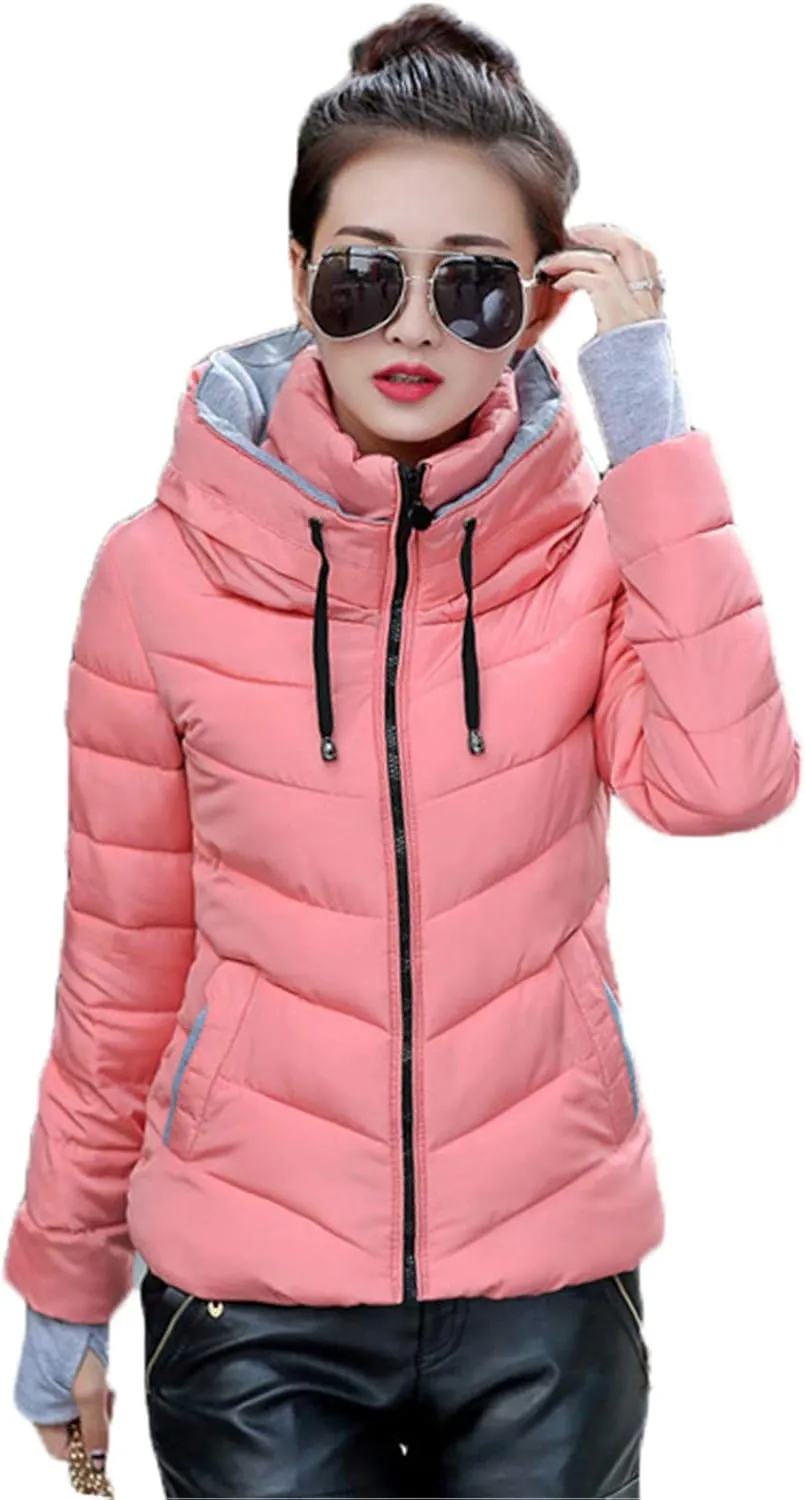Andongnywell Women's Winter Parka Jacket Warm Stand Collar Cotton Quilted Down Coat Short Padded Small Padded Jackets (Pink,Large)