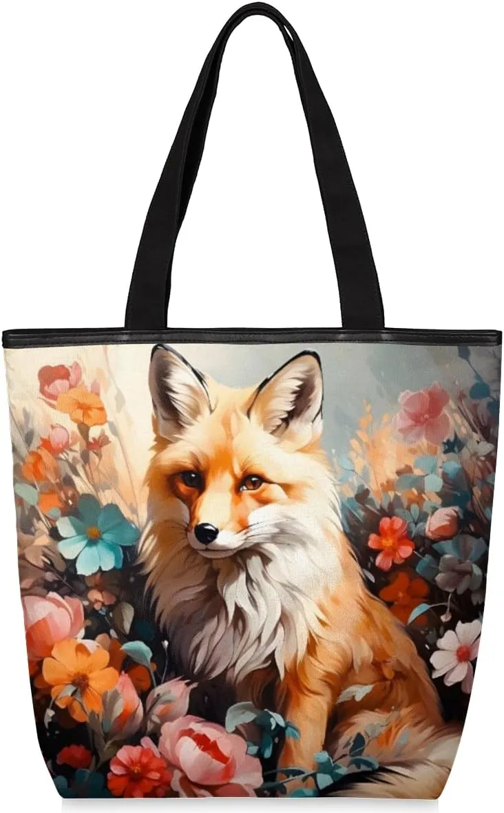 Animal Fox Flower Canvas Tote Bag for Women Large Tote Bag with Zipper & Pockets Canvas Beach Bag Shoulder Bag Reusable Shopping Bags Cute Tote Bags for Work Travel