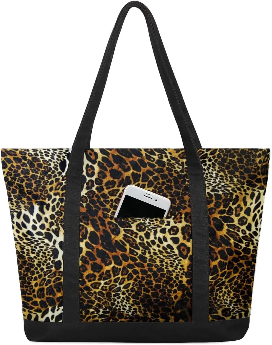 Animal Leopard Print Tote Bag for Women Work Canvas Travel Tote Bags with Zipper Large Capacity Casual Handbag with Inner Pockets Reusable Shopping Shoulder Bag for Teacher Nurse