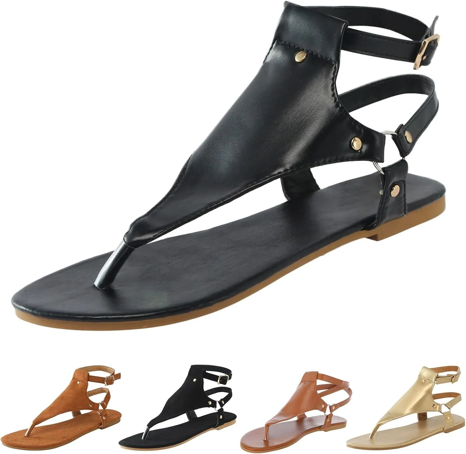 Ankle Strap Sandals for Women Open Toe Shoes Flat Beach Sandals Rhinestone Casual Wear Cute Gladiator Flat Sandals Summer Retro Gladiator Sandals