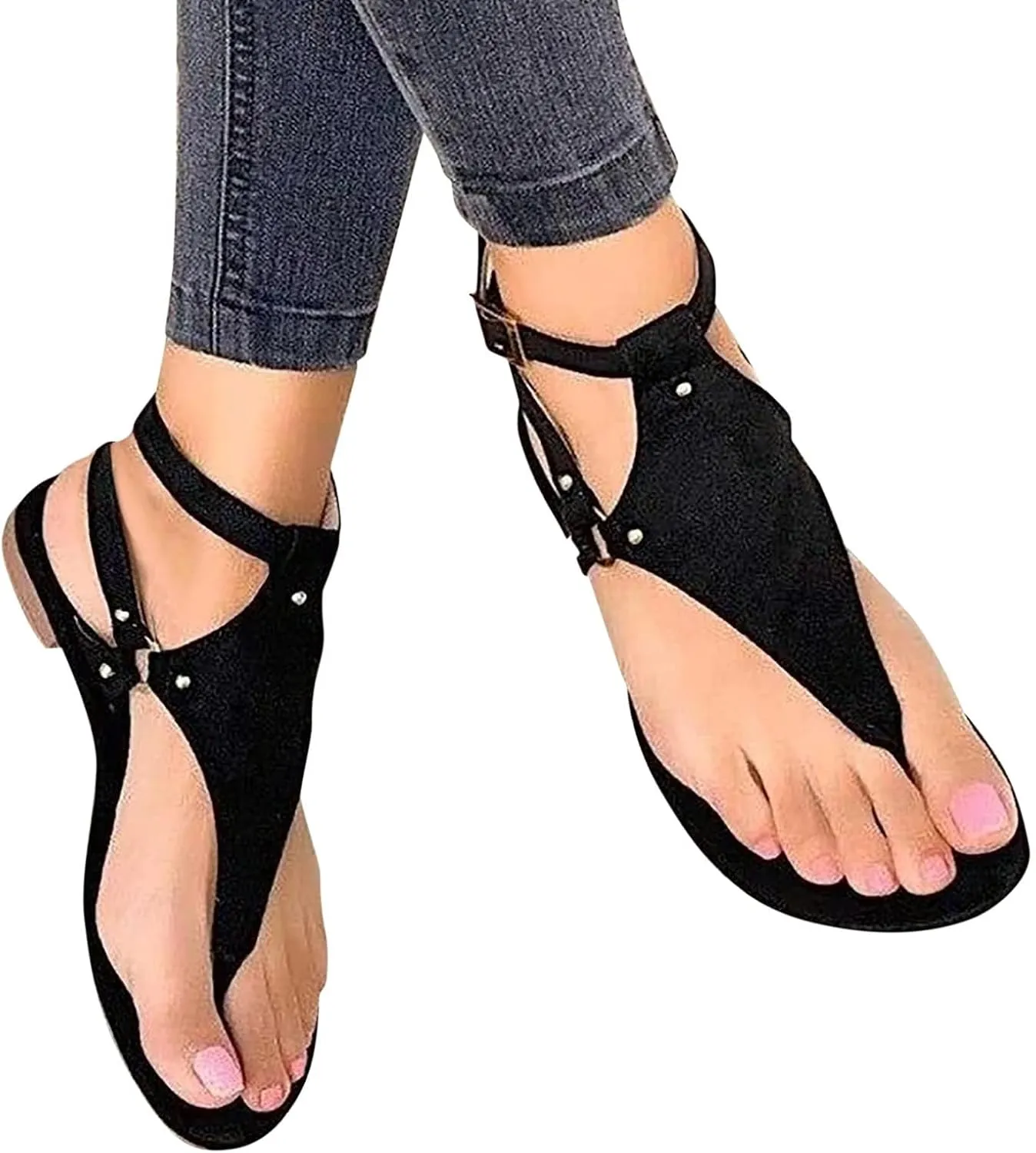 Ankle Strap Sandals for Women Open Toe Shoes Flat Beach Sandals Rhinestone Casual Wear Cute Gladiator Flat Sandals Summer Retro Gladiator Sandals