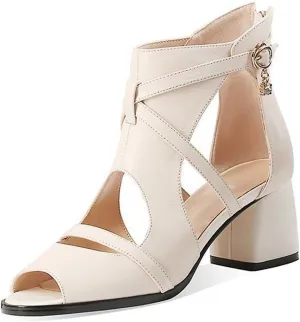 AUNTHUI Women'S Open Toe Back Zipper Block Heel Sandals,Hollow Breathable Casual Walking Non-Slip Fish Mouth Gladiator Chunky High-Heeled Sandals,Summer Dress Chunky Heel Sandals