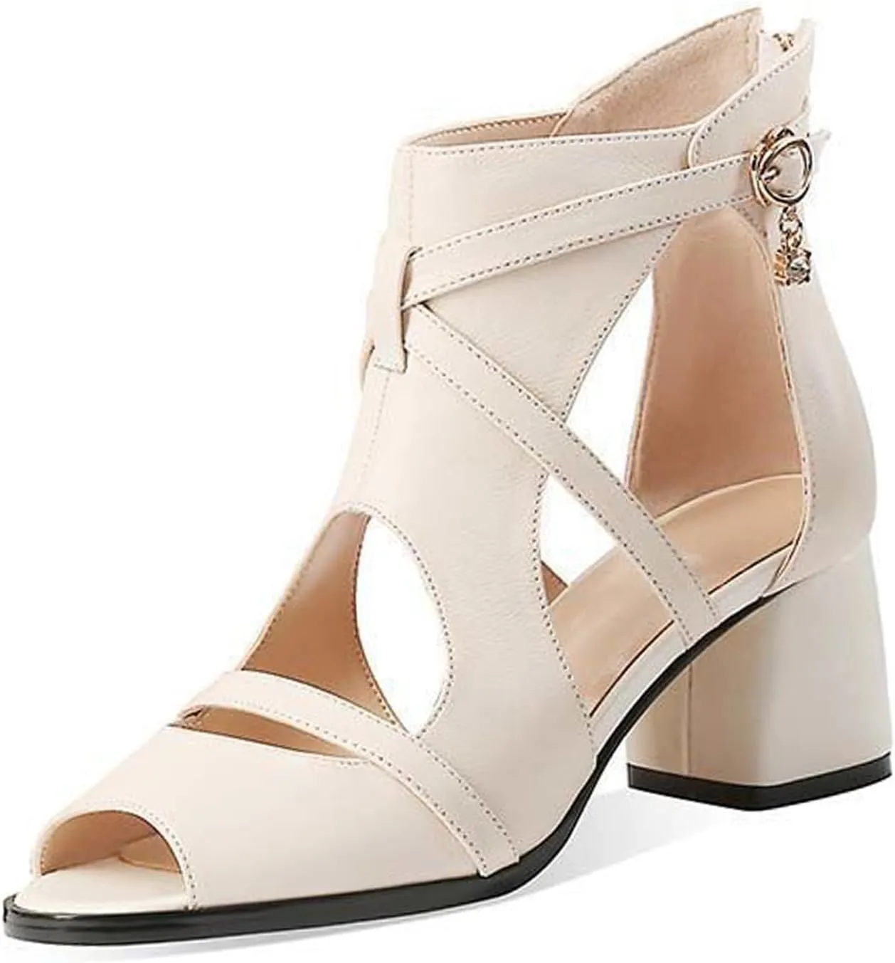 AUNTHUI Women'S Open Toe Back Zipper Block Heel Sandals,Hollow Breathable Casual Walking Non-Slip Fish Mouth Gladiator Chunky High-Heeled Sandals,Summer Dress Chunky Heel Sandals