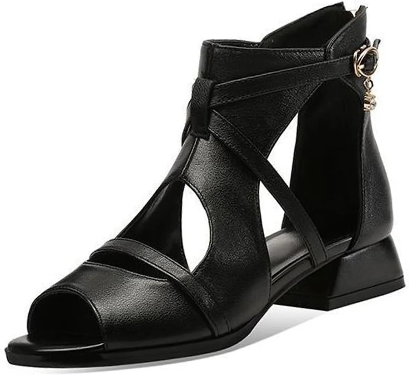 AUNTHUI Women'S Open Toe Back Zipper Block Heel Sandals,Hollow Breathable Casual Walking Non-Slip Fish Mouth Gladiator Chunky High-Heeled Sandals,Summer Dress Chunky Heel Sandals