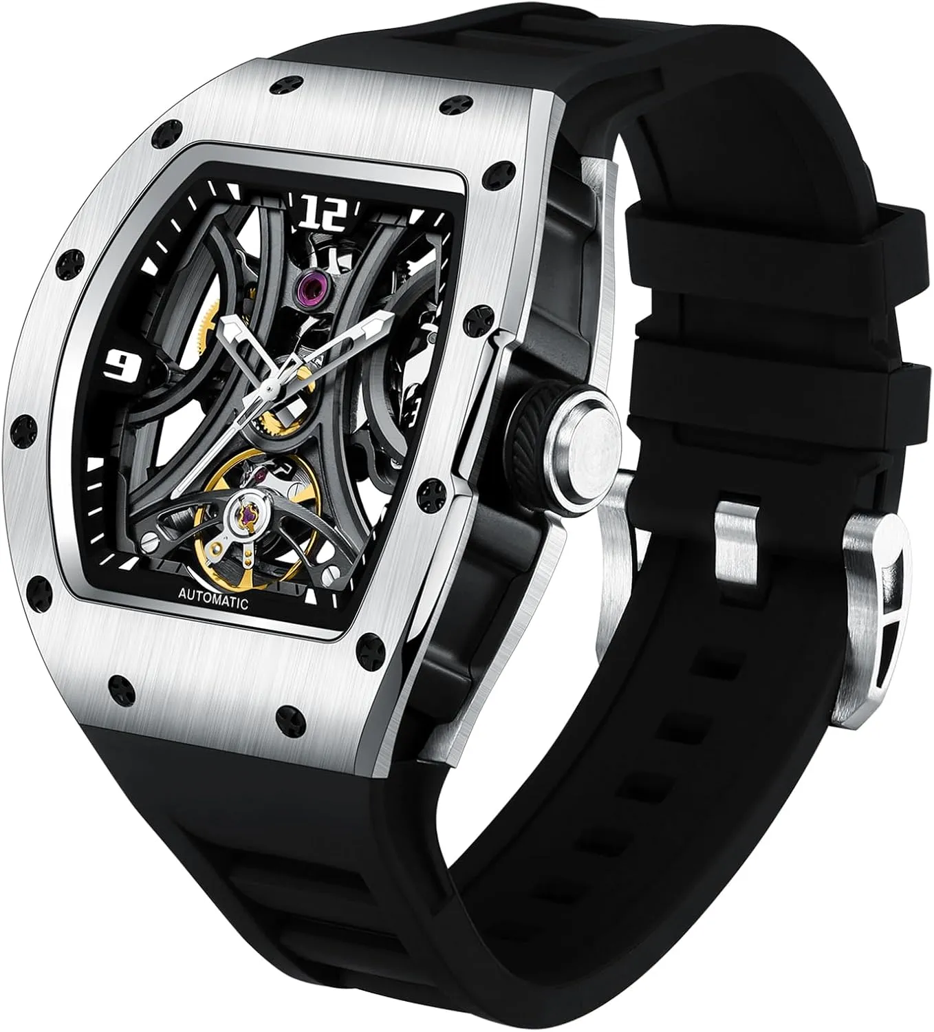 Automatic Analog Watches for Men Mechanical Mens Watches Stainless Steel Case 5ATM Waterproof Fashion Luxury Wrist Black Watches with Silicone Strap