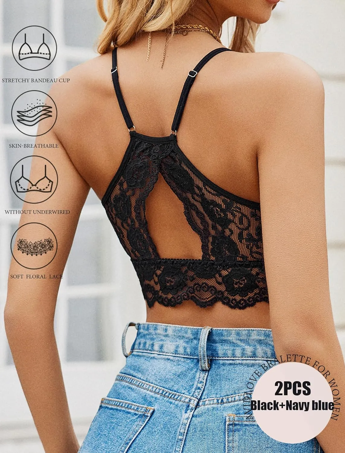 Avidlove 2Pcs Bralettes Wireless Lace Camisoles Racerback Double-Layered Y2K Crop Top