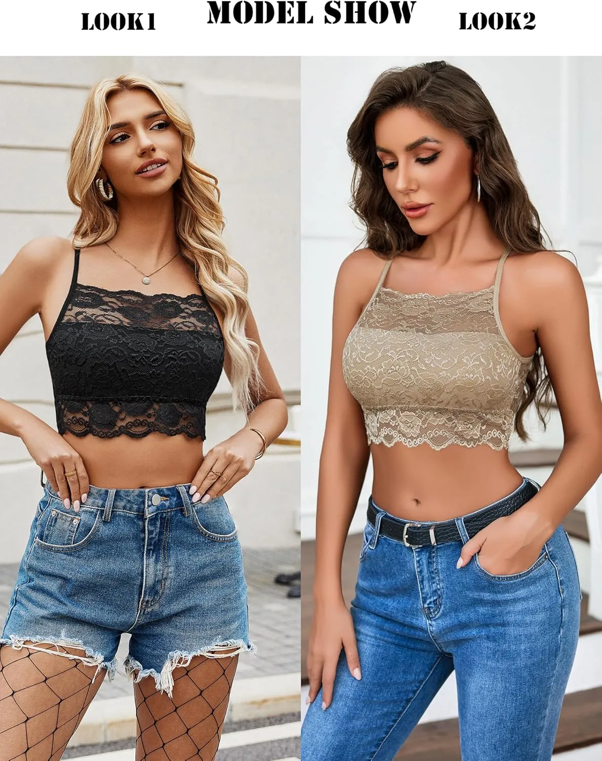 Avidlove 2Pcs Bralettes Wireless Lace Camisoles Racerback Double-Layered Y2K Crop Top