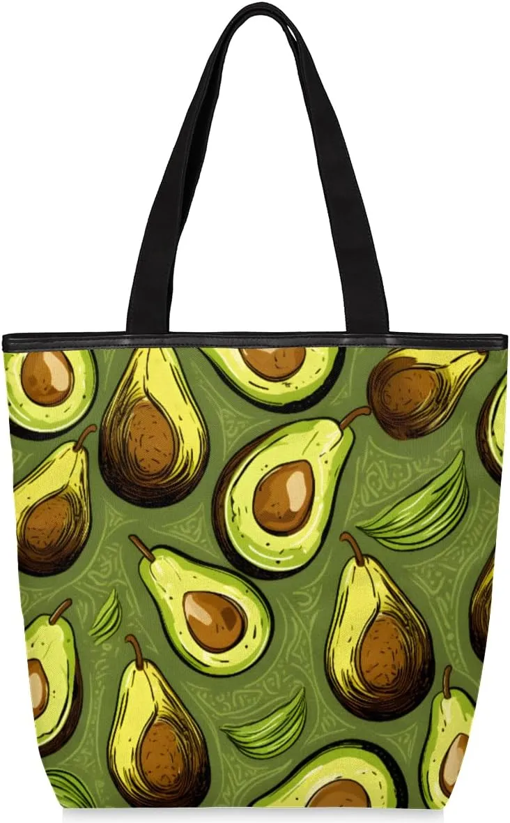 Avocado Canvas Tote Bag for Women Large Tote Bag with Zipper & Pockets Canvas Beach Bag Shoulder Bag Reusable Shopping Bags Cute Tote Bags for Work Travel