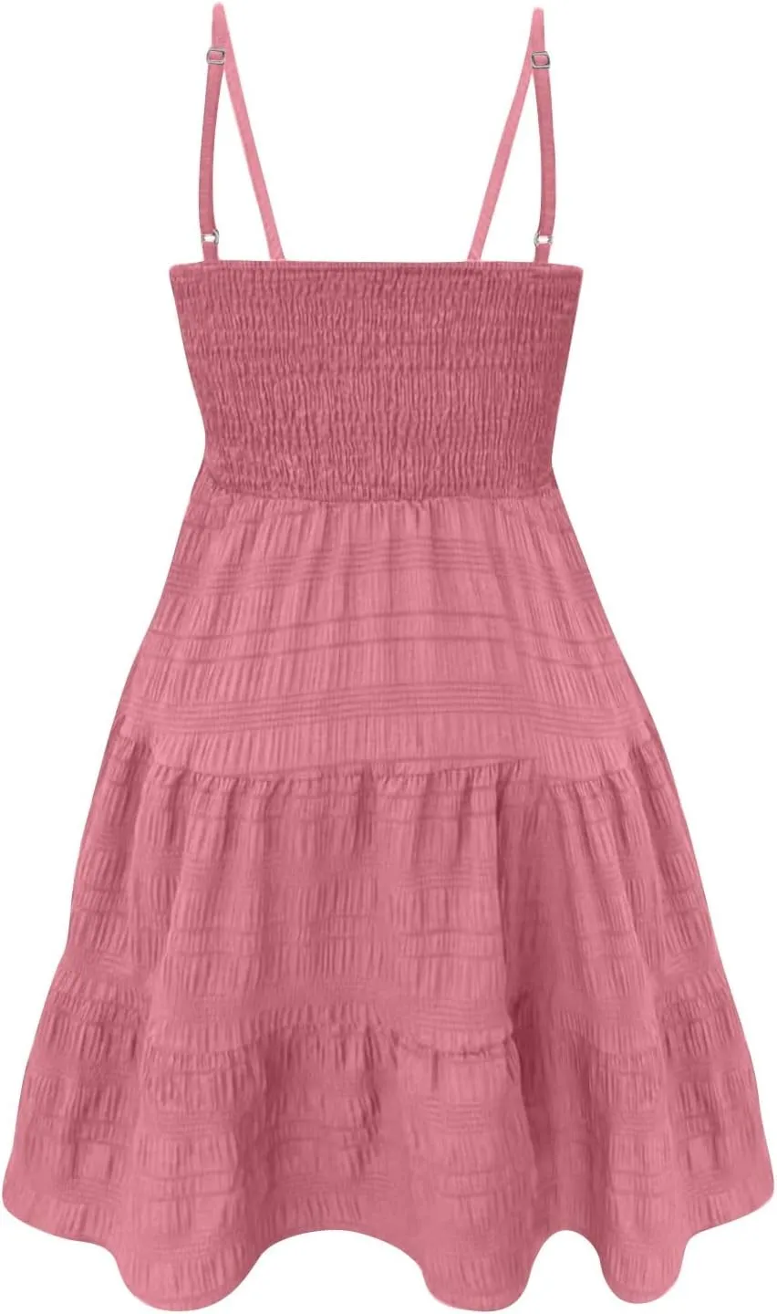 Babydoll Dress for Women Casual Summer Smocked Cami Square Neck Mini Sundress Vacation Tiered Ruffle Beach Dress