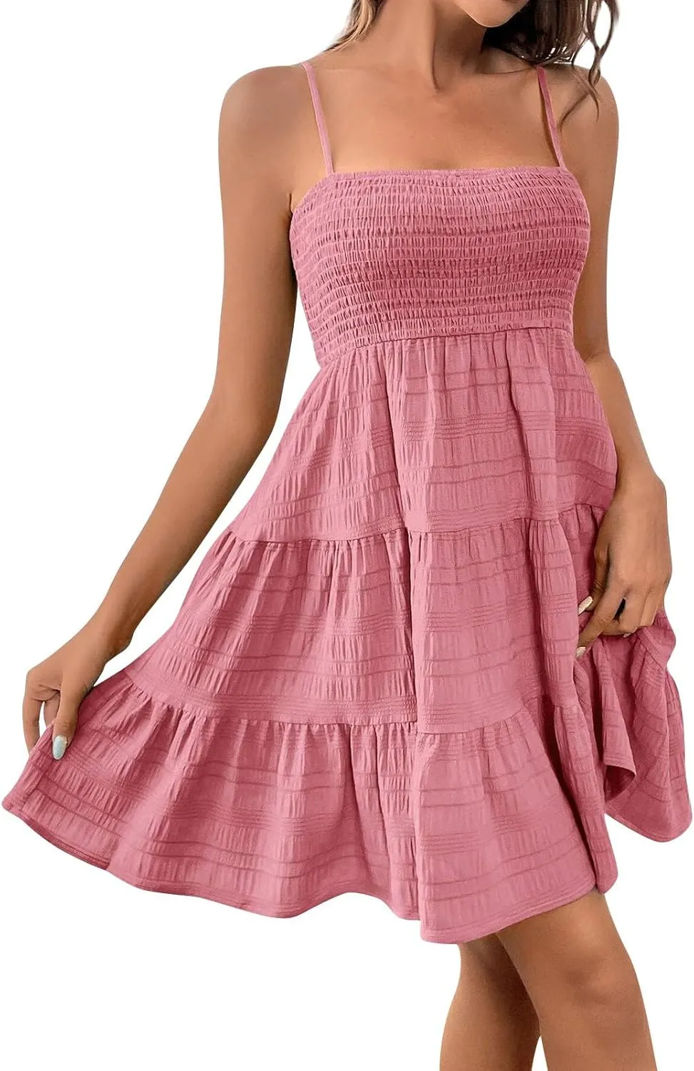 Babydoll Dress for Women Casual Summer Smocked Cami Square Neck Mini Sundress Vacation Tiered Ruffle Beach Dress