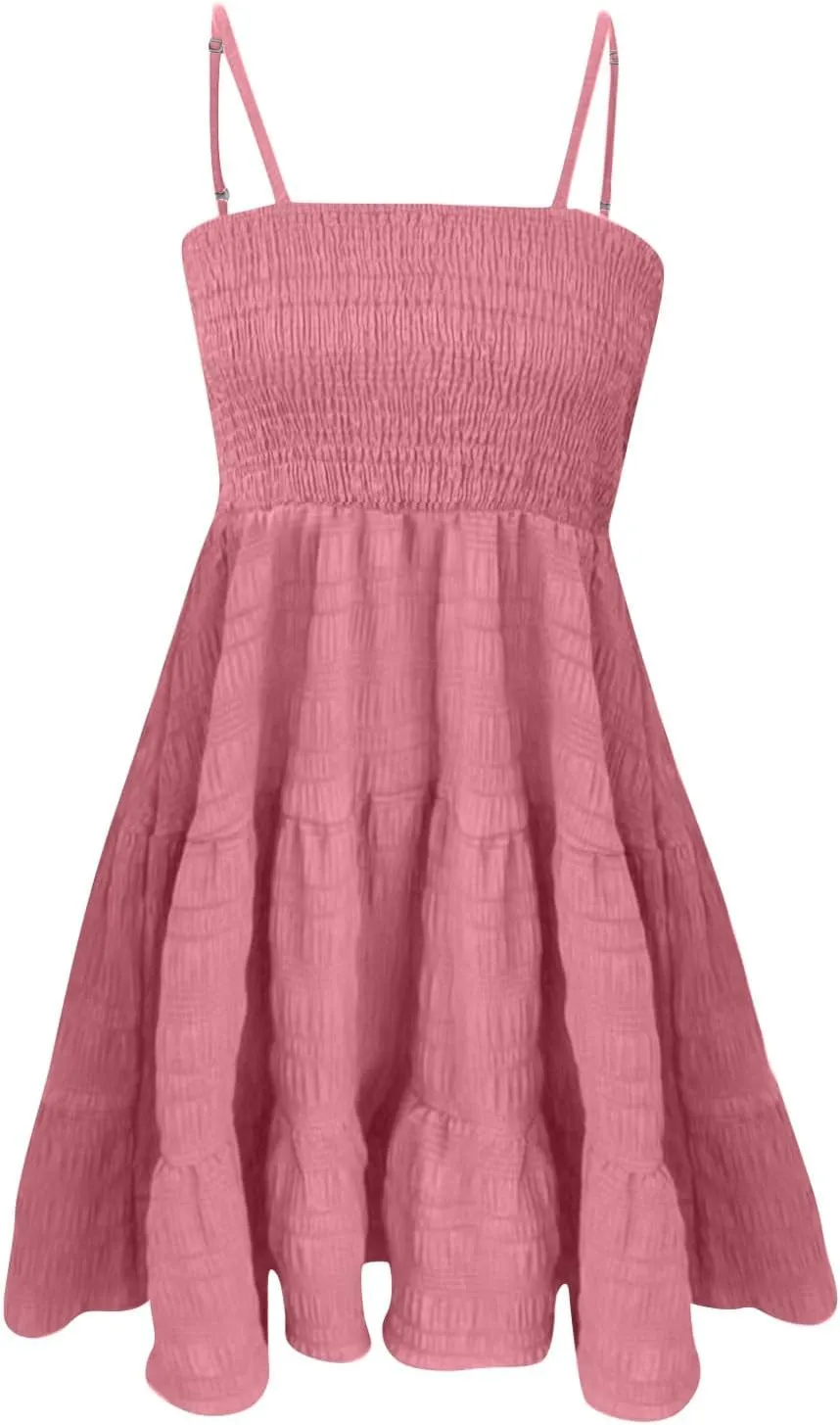 Babydoll Dress for Women Casual Summer Smocked Cami Square Neck Mini Sundress Vacation Tiered Ruffle Beach Dress