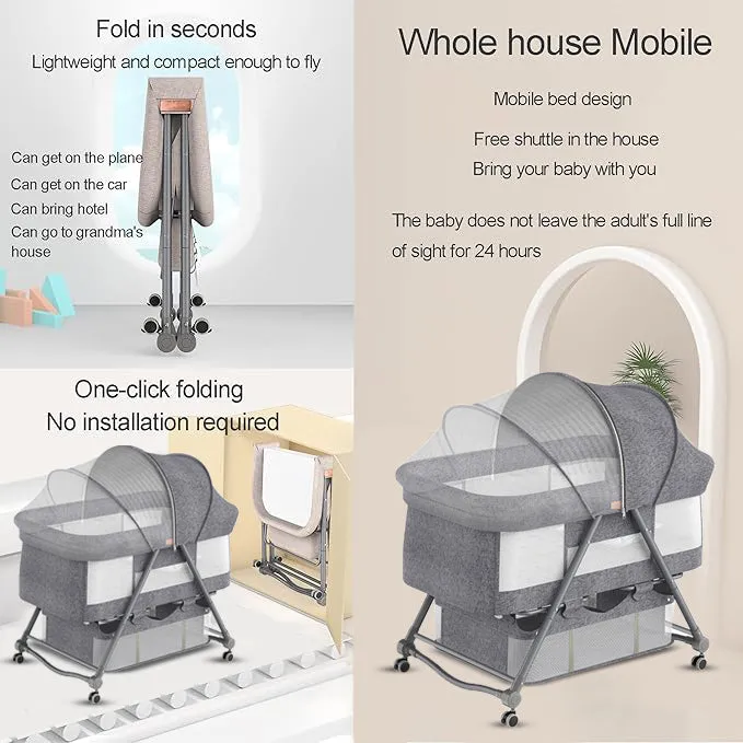 Babymoon Baby Bed Crib Pram Cradle Portable Model with Mosquito Net & Bottom Frame with Handbag | Foldable, Adjustable and Movable-Grey